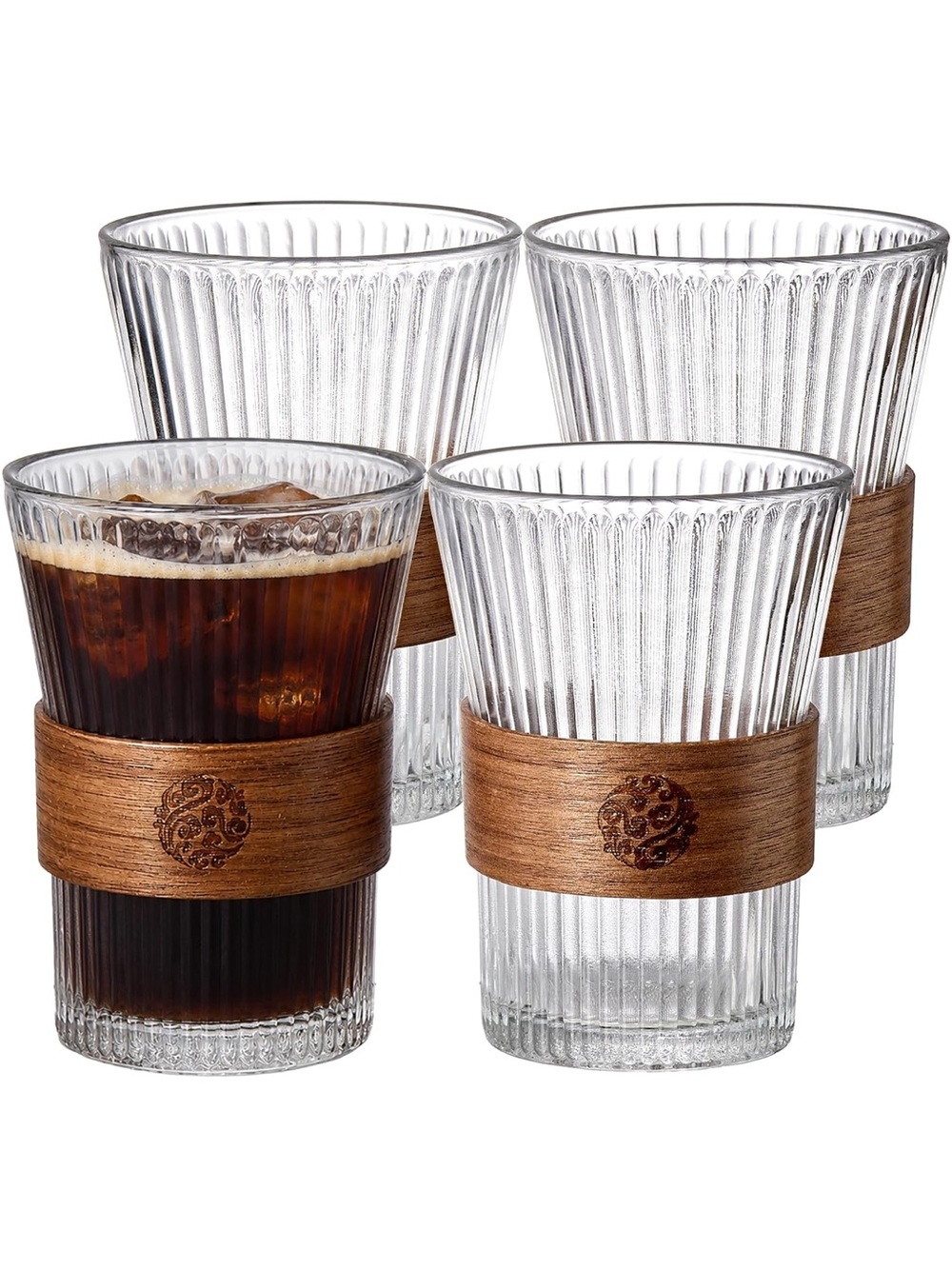 Wood-Accented Ribbed espresso glass Set - Clear